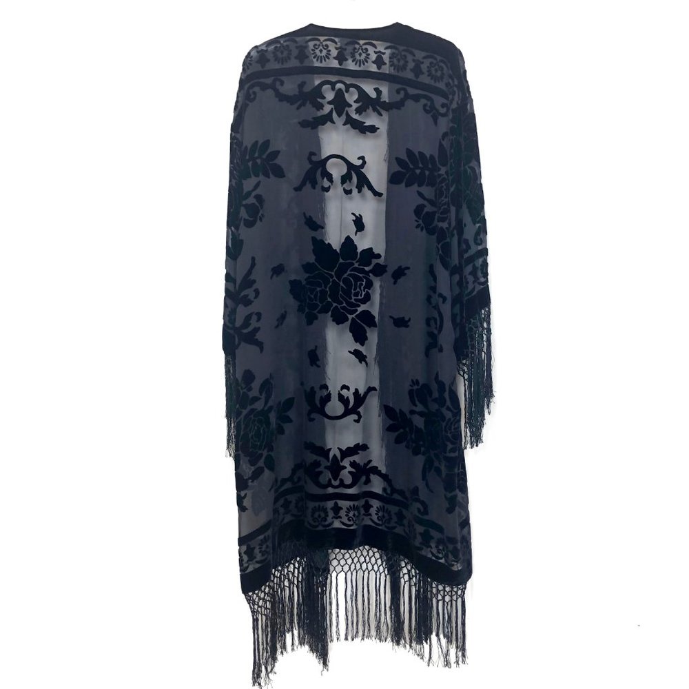 Open Front Fringed Floral Velvet Burnout Kimono - Picture 4 of 7